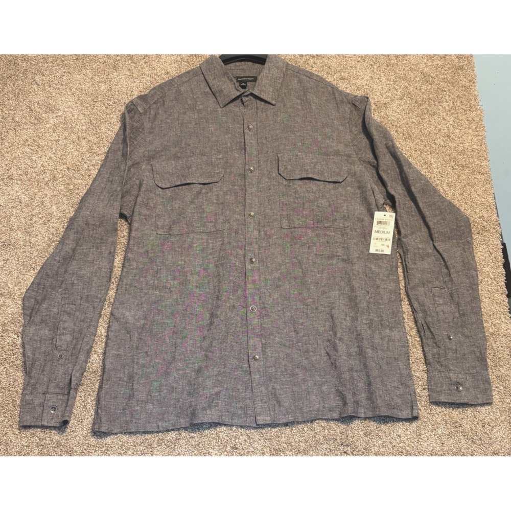 New Mens Linen Button up Shirt Mens Medium Gray Heathered Long Sleeve Pockets